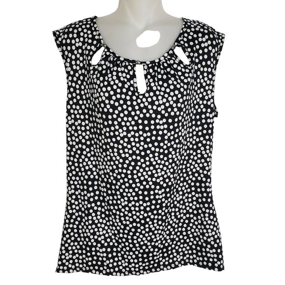 Studio Works Womens Top Medium Sleeveless Tank Black White Polka Dot Keyholes - Picture 1 of 10